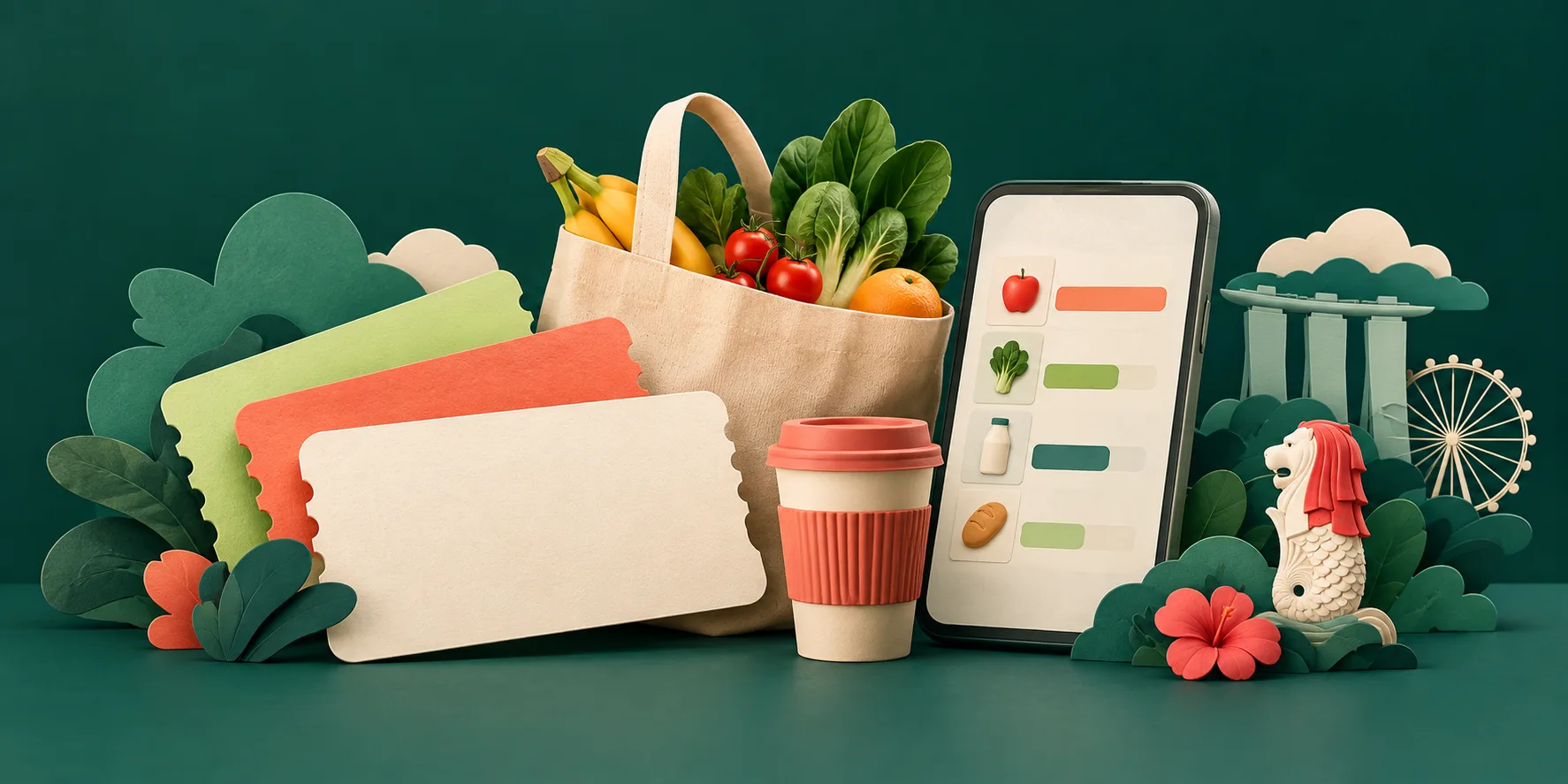 Illustration of vouchers, groceries and a phone for shopping in Singapore